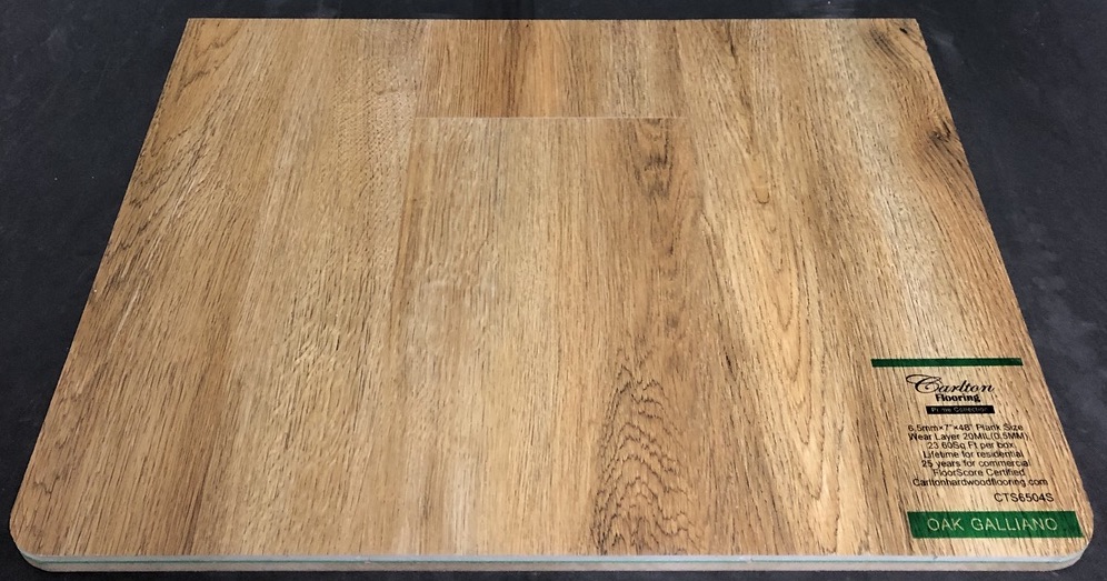 Carlton Flooring - Prime Collection Product: Oak Galliano Dimensions: 6.5mm x 7" x 48" (0.5mm Wear Layer) Warranty: Lifetime Residential - 25 Years Commercial FloorScore Certified Code: CTS6504S