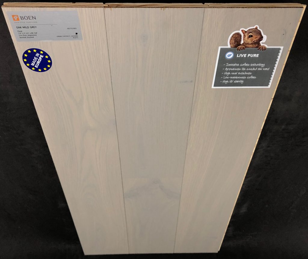 Mild Grey Boen Oak Engineered Hardwood Flooring Size: 5 7/16" x 1/2" - 7' Plank Length Wear Layer: 2mm Veneer Install: Tongue and Groove Collection: Live Pure Sq Ft / Box: 32.95