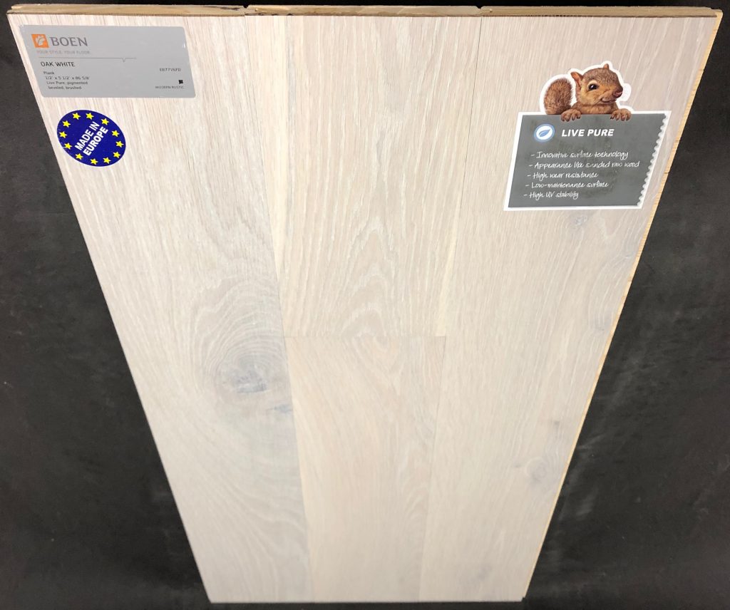 White Boen Oak Engineered Hardwood Flooring Size: 5 7/16" x 1/2" - 7' Plank Length Wear Layer: 2mm Veneer Install: Tongue and Groove Collection: Live Pure Sq Ft / Box: 32.95